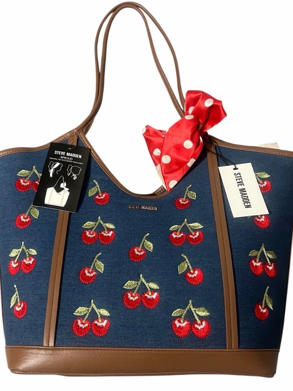 Steve Madden Navy Cherry Embroidered Tote with Brown Trim and Red Bow - Picture 7 of 8